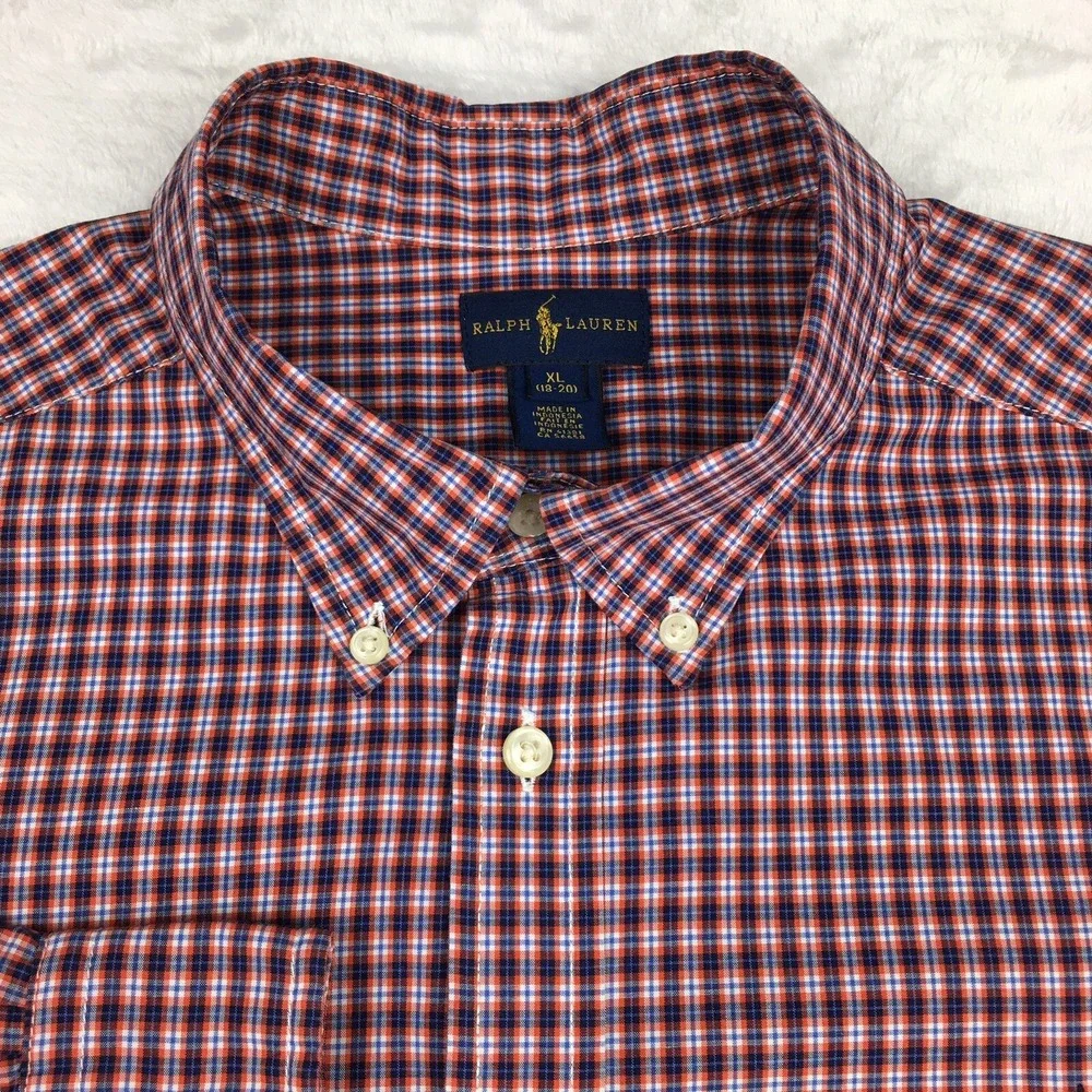 Ralph Lauren‎ Shirt Boys XL (18-20) Burgundy Micro-Plaid Blue Pony